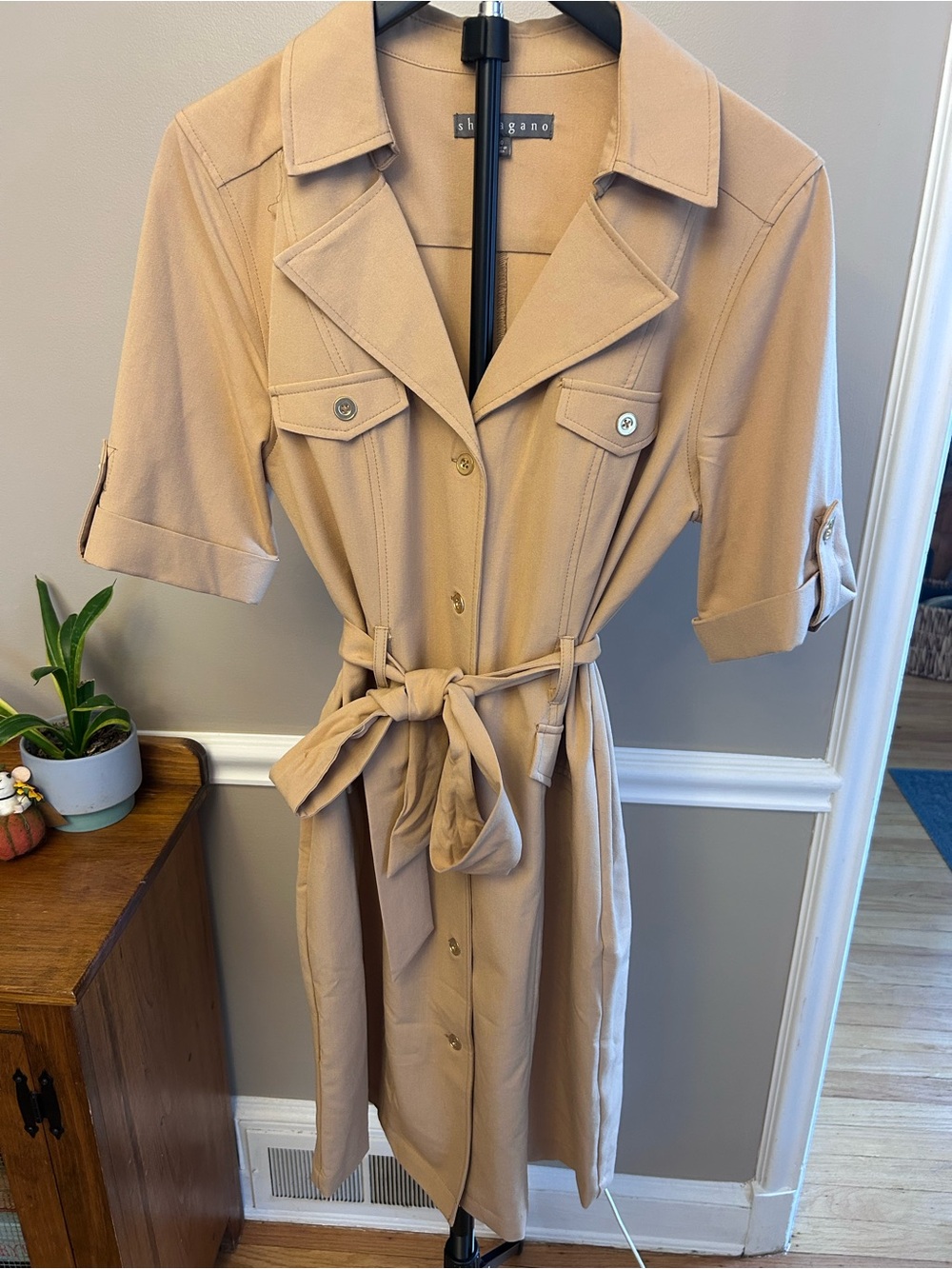 Sharagano Tan Button-Front Tie-Waist Shirtdress